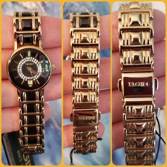 Elgin Women's EG353 Gold-Tone Black Ceramic Crystal Accented Watch. NWT. - Picture 3 of 13